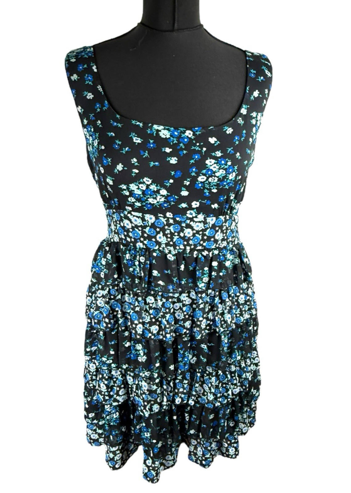 Austin Black Floral Mini Dress Ruffle Layers Tie Back Women’s UK Size 18