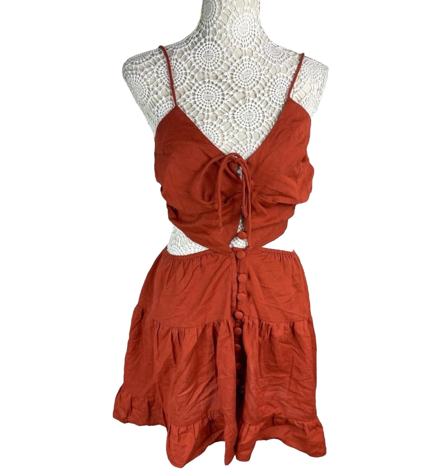 Rust-Colored Mini Dress Women’s UK Size 8 Tie Front Cut Out Waist Ruffled Skirt