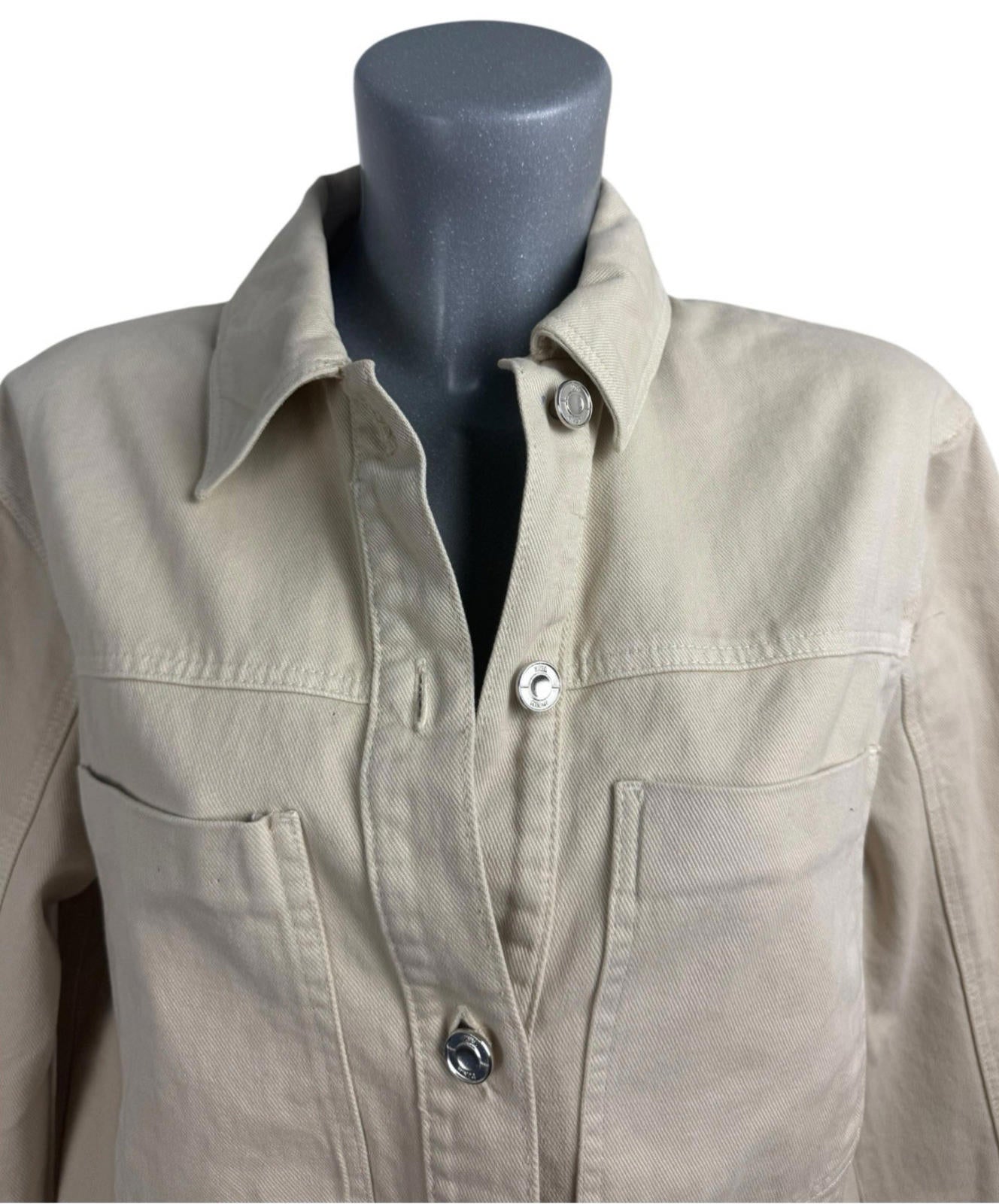Zara Denim Jacket Oversized Collared Women’s UK Size XS Beige Button Front