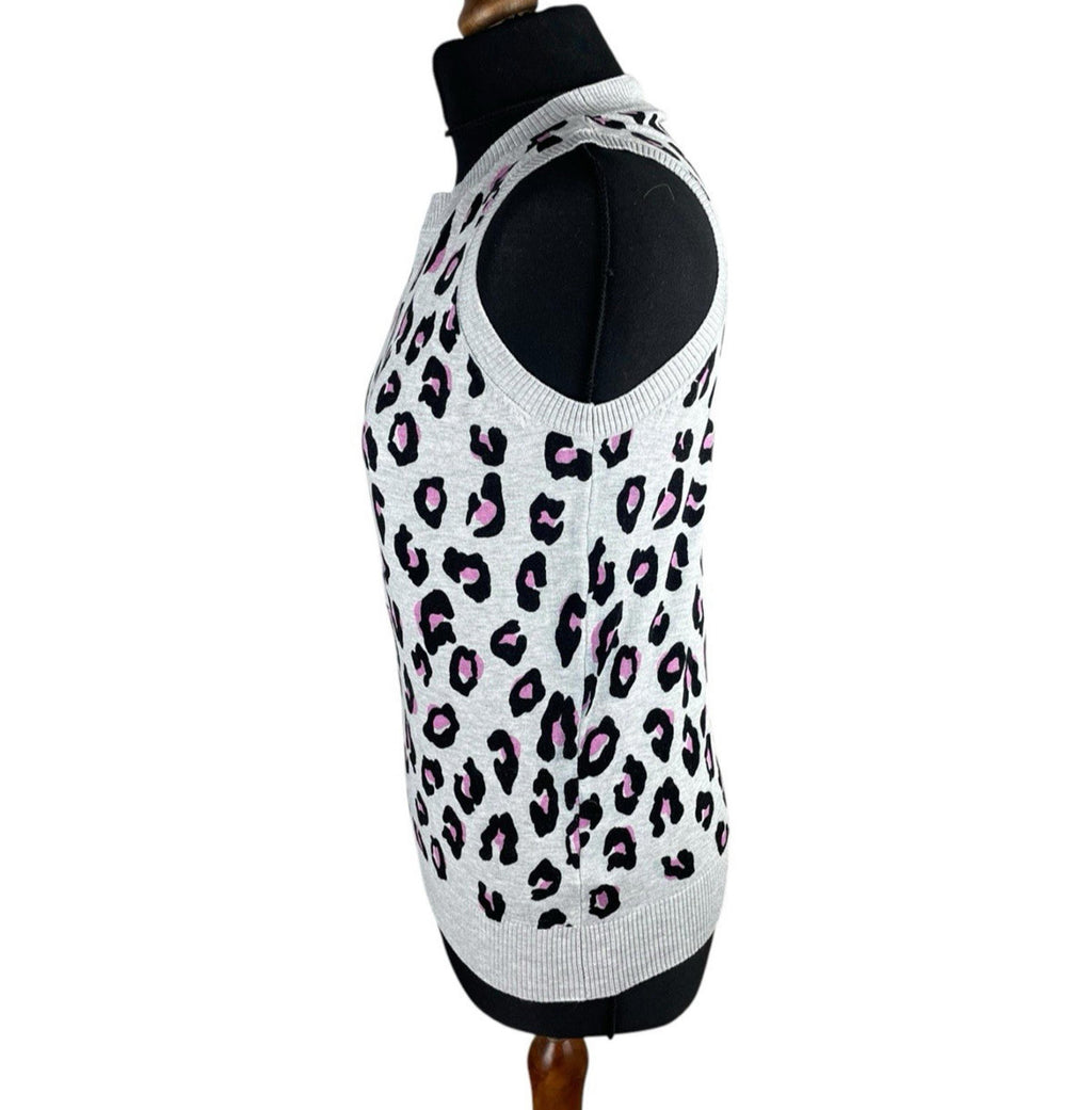 Next Leopard Print Tight Knit Jumper Vest Women’s UK Size 8 Grey Black & Pink