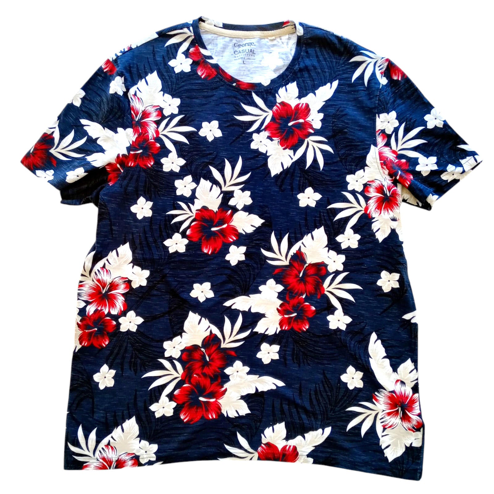 George T-Shirt Tropical Floral Print Men's UK Size L Blue Crew Neck 100% Cotton