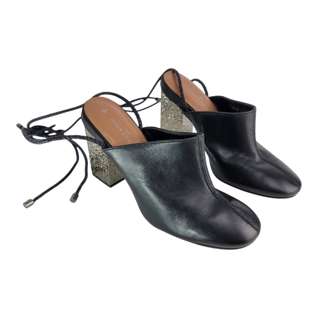 Next Signature Black Block Heels Women's UK Size 4 Ankle Straps Hammered Silver