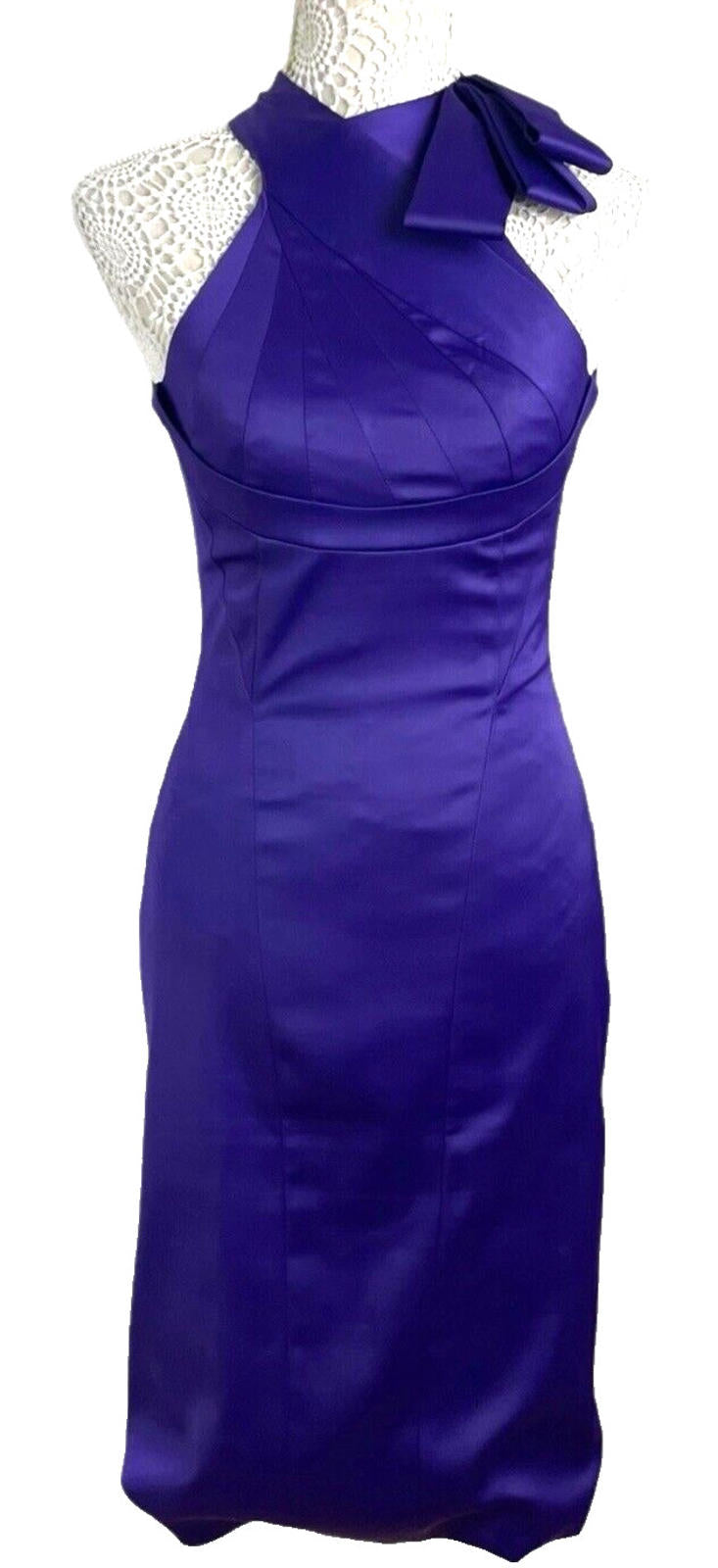 Karen Millen Dress Purple Stretch Satin Sheath High Neck Women’s UK Size 8