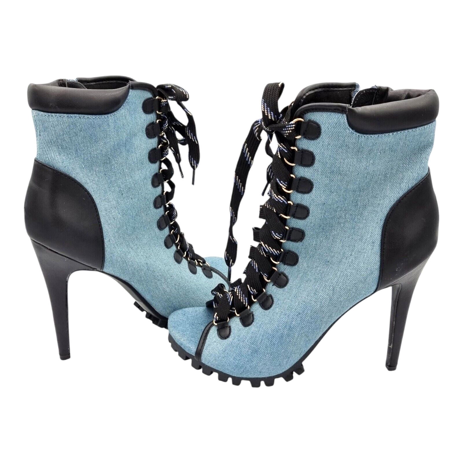 Denim Stiletto Shoe Women's UK Size 6.5 Open Toe Heel Lace Up Zip Fastening Boot