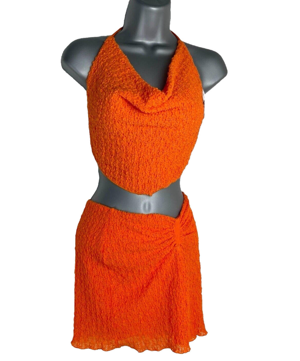 Bershka Bright Orange Textured Co Ord Set Women’s UK Size XS Crop Top & Skirt