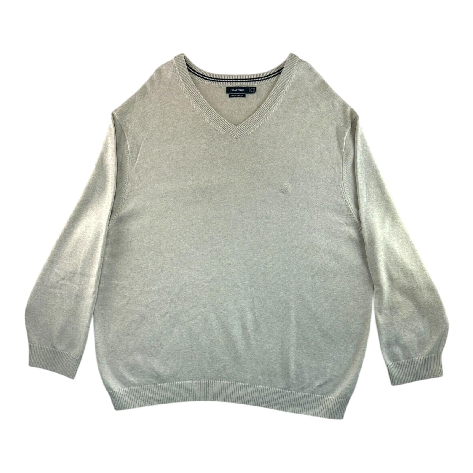 Nautica Knit Jumper Men's UK Size 5XL Beige 100% Cotton Embroidered V-Neck