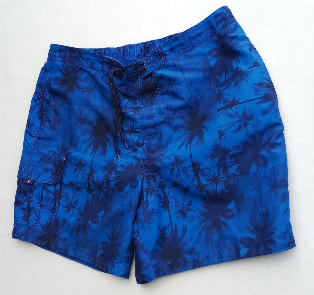 Palm Tree Swim Shorts Men's UK Size L Blue Pockets Drawstring Hawaiian Print