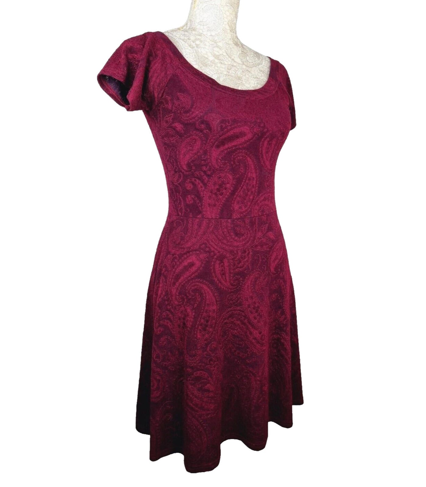 Miss Selfridge Fit & Flare Paisley Mini Dress Women's UK Size 12 Burgundy Red