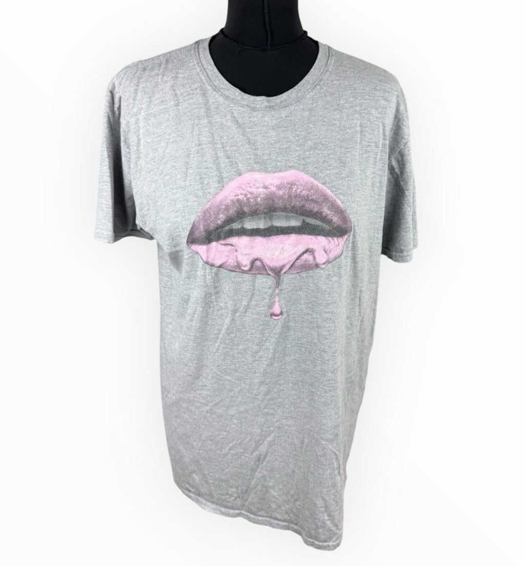 Pink Glitter Lips T-Shirt Women’s UK Size L Grey Jersey Graphic Print Crew Neck