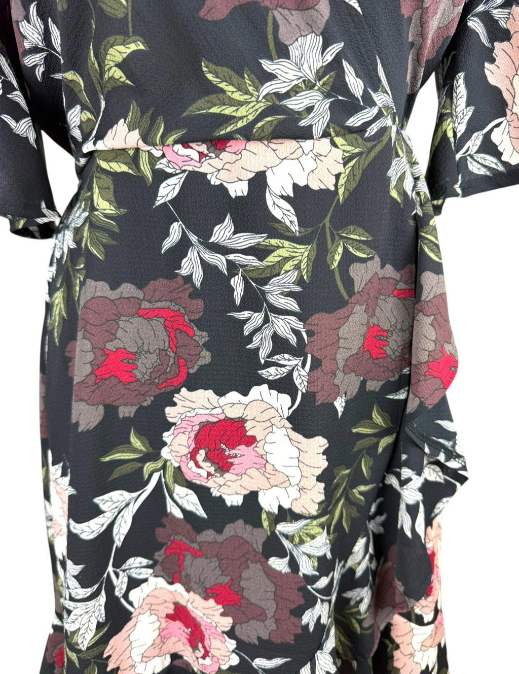 AX Paris Dress Black Floral Wrap Front Frill Knee Length Women’s UK Size 10