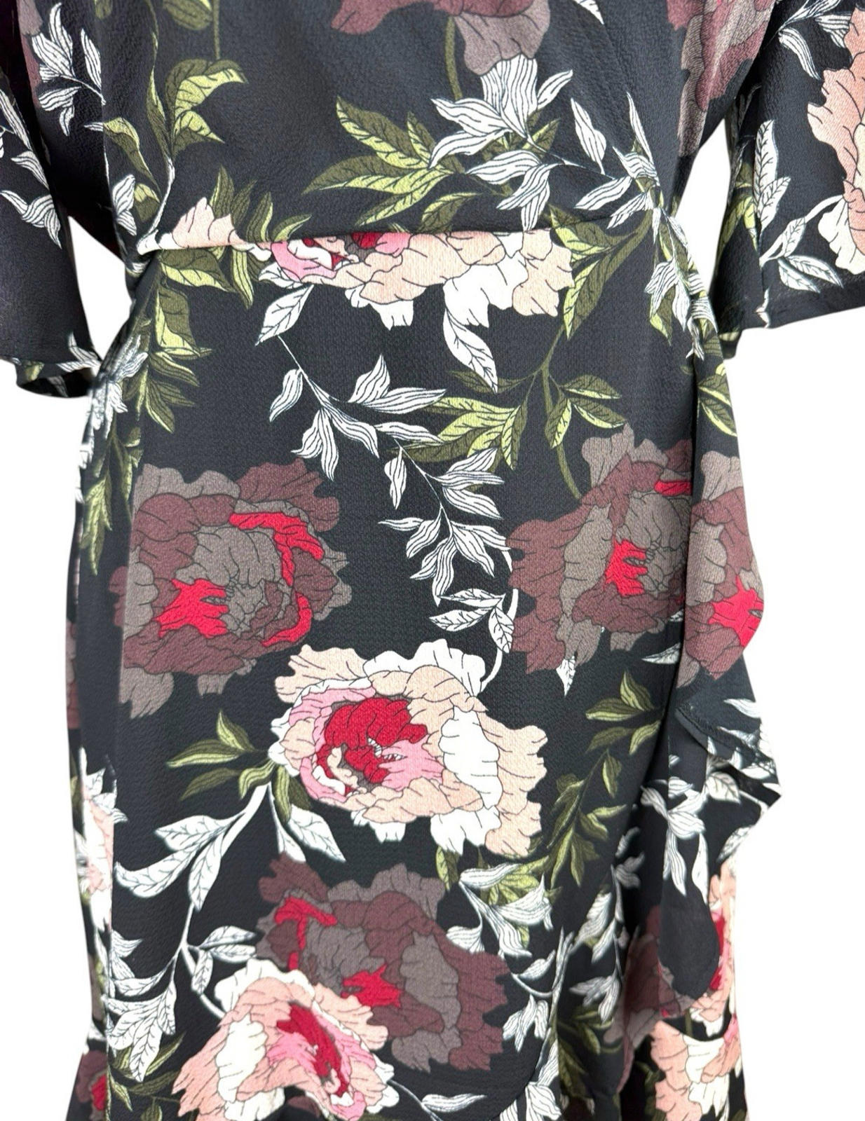 AX Paris Dress Black Floral Wrap Front Frill Knee Length Women’s UK Size 10