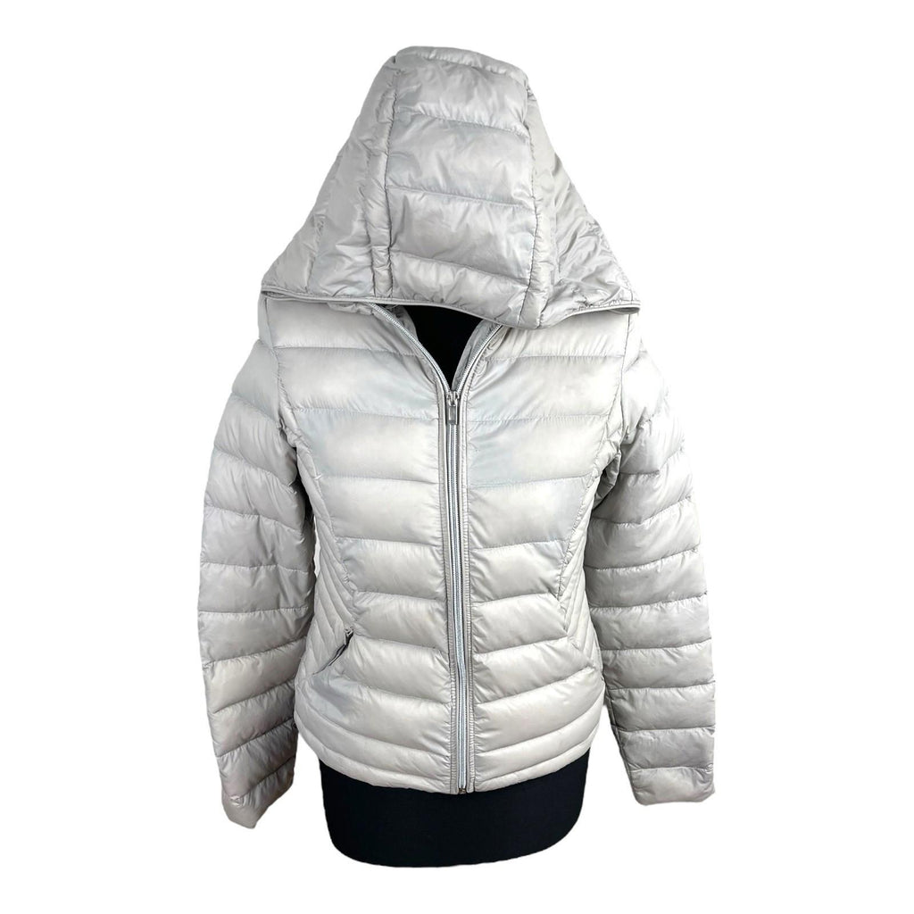 Grey Beige Padded Jacket Duck Feather Quilted Hooded Zip Up Women’s UK Size S