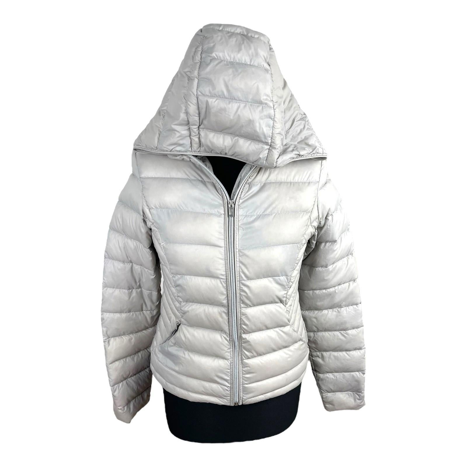 Grey Beige Padded Jacket Duck Feather Quilted Hooded Zip Up Women’s UK Size S