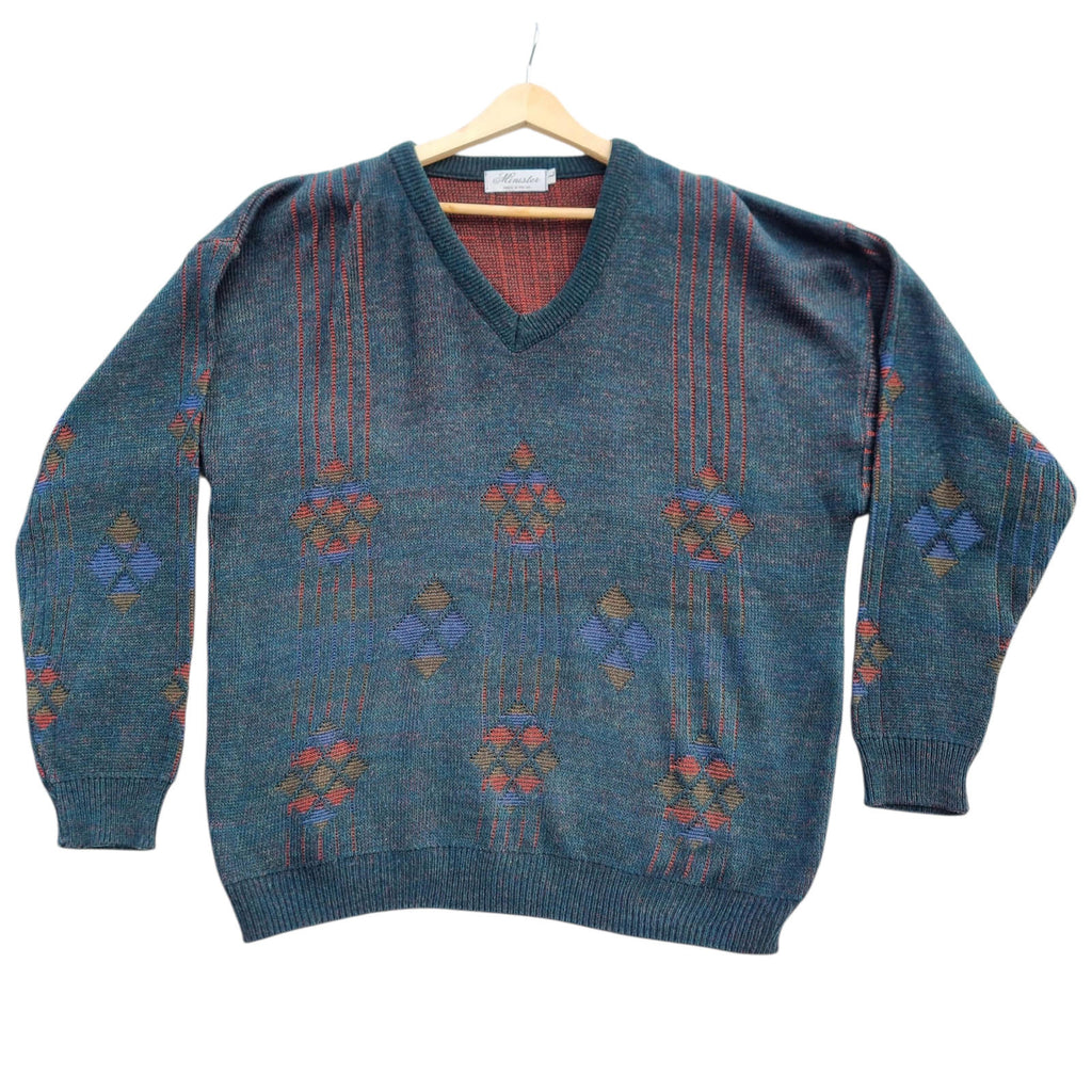 Minister Knit Jumper Men's UK Size L Green V-Neck Sweater 100% Acrylic