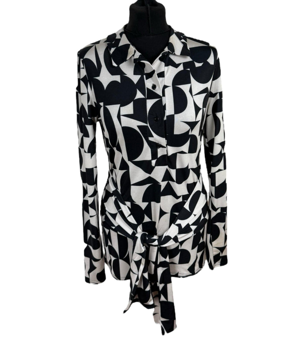 River Island Blouse Women’s UK Size 10 Black White Graphic Print Belted Collared