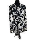 River Island Blouse Women’s UK Size 10 Black White Graphic Print Belted Collared
