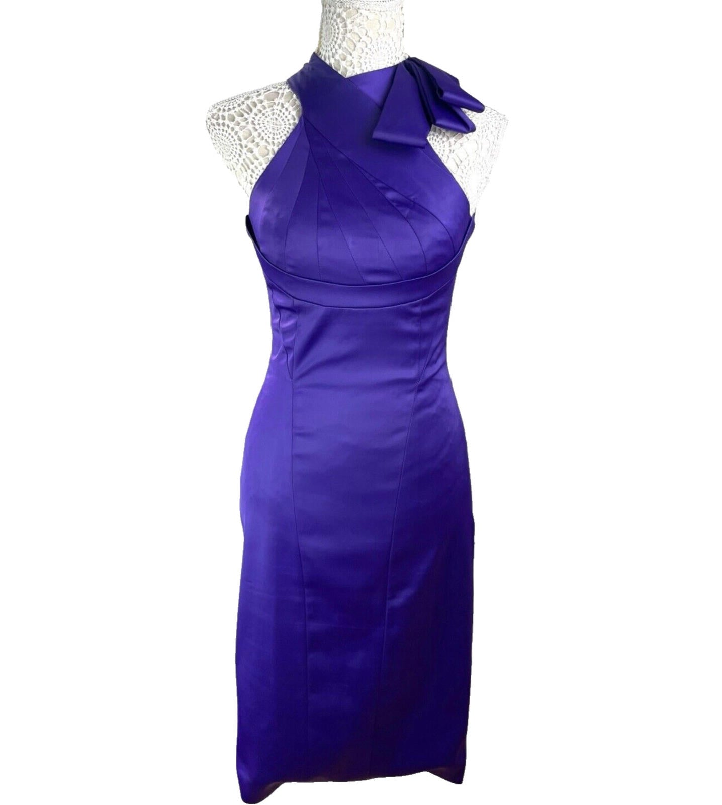 Karen Millen Dress Purple Stretch Satin Sheath High Neck Women’s UK Size 8