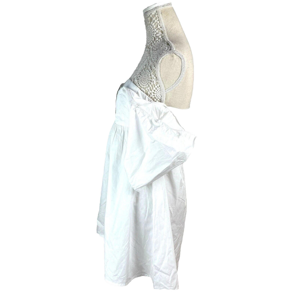 Off Shoulder Mini Dress Women's UK Size 8 White Short Sleeve Button Front Summer
