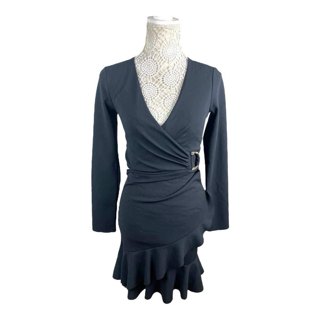 Lipsy London Black Wrap Dress Frilled Hem Gold Buckle Women’s UK Size 8