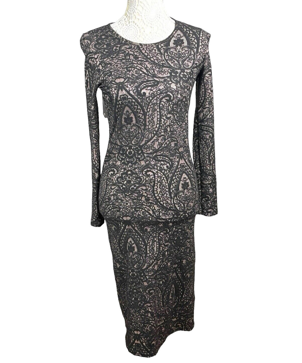 Topshop Black Embroidered Midi Dress Long Sleeve Bodycon Women’s UK Size 12