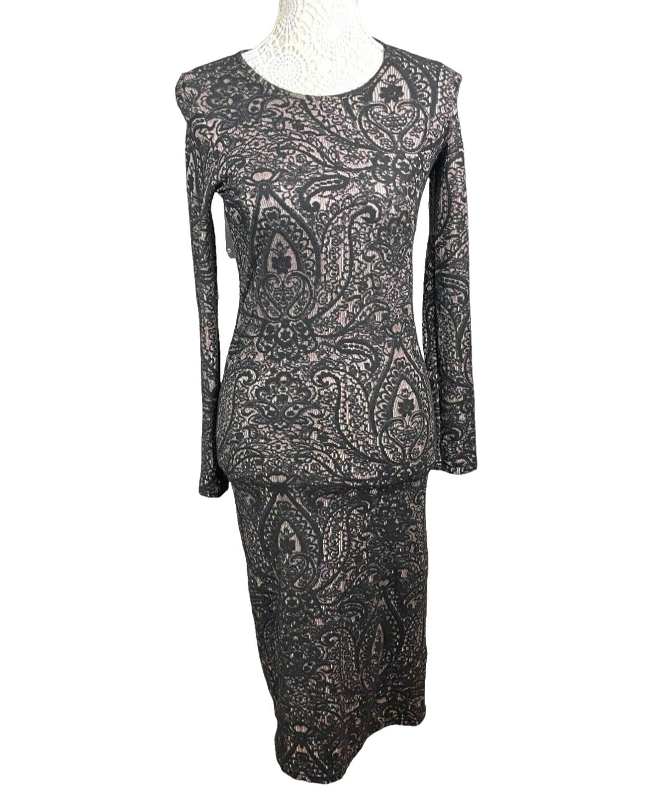 Topshop Black Embroidered Midi Dress Long Sleeve Bodycon Women’s UK Size 12
