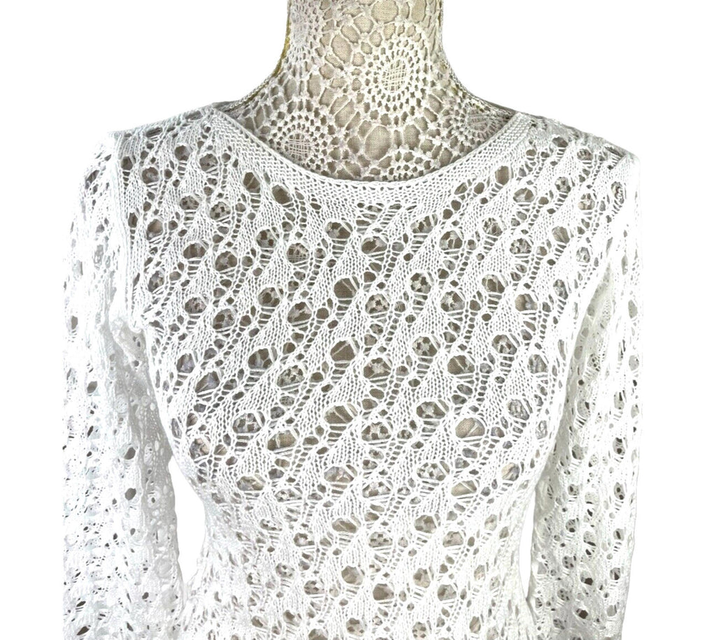 Crochet Knit Maxi Dress Women’s UK Size 8 Backless White Long Sleeve Bodycon