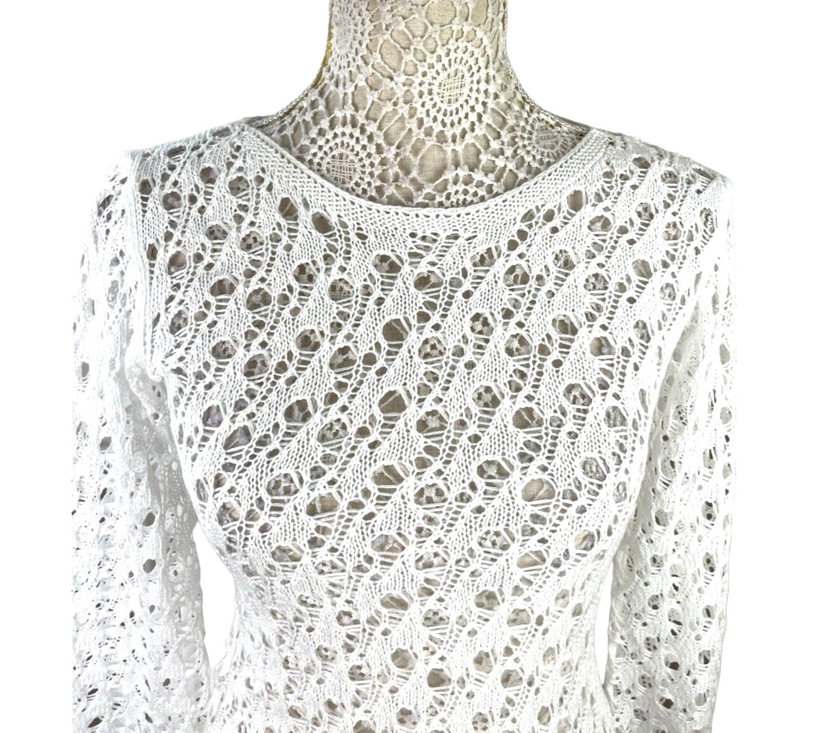 Crochet Knit Maxi Dress Women’s UK Size 8 Backless White Long Sleeve Bodycon
