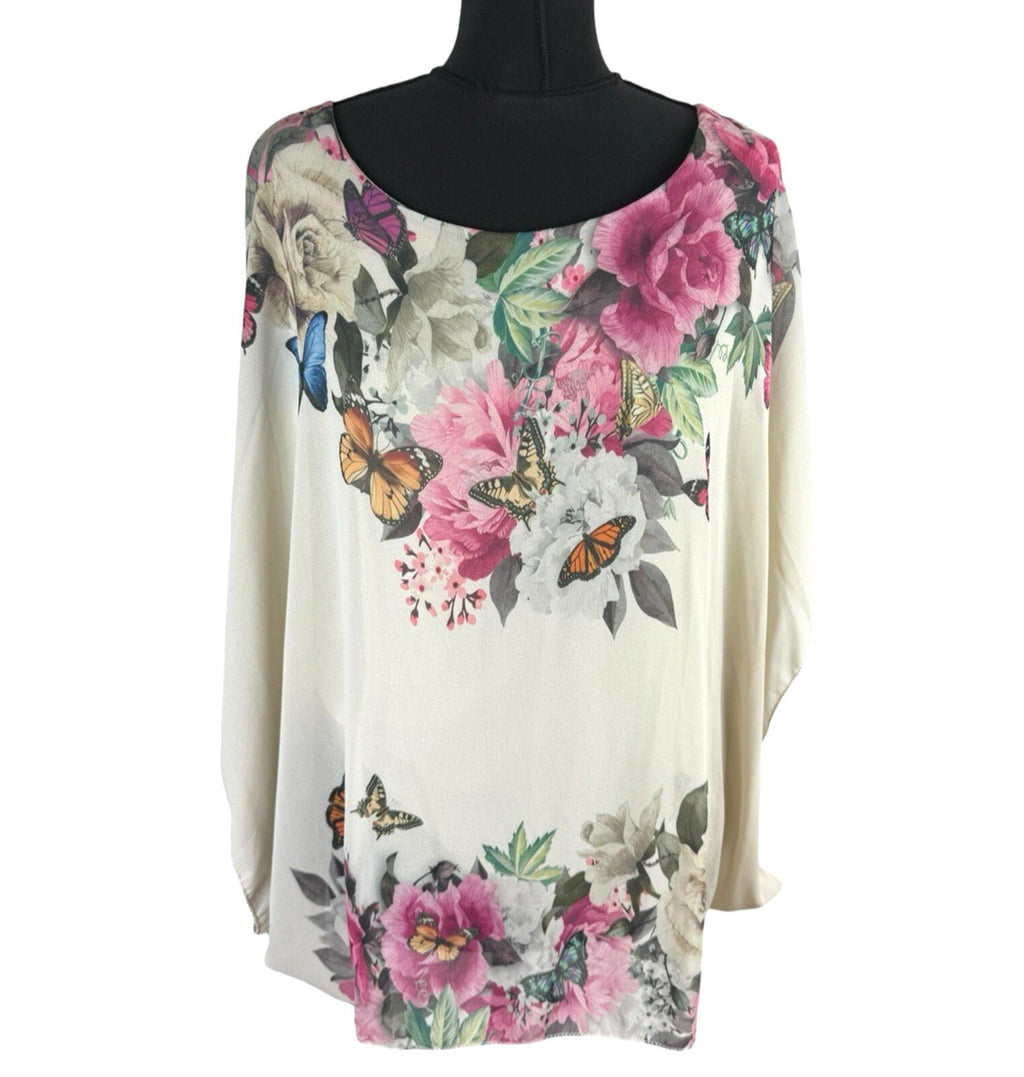 Floral Smock Blouse Top Women’s UK Size L Chiffon Relaxed Fit Lined Floral Beige