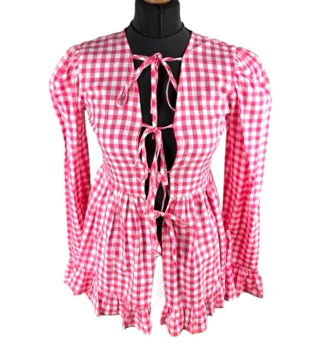 Gingham Tie Front Blouse Long Sleeve Grilled Hem Women’s UK Size S