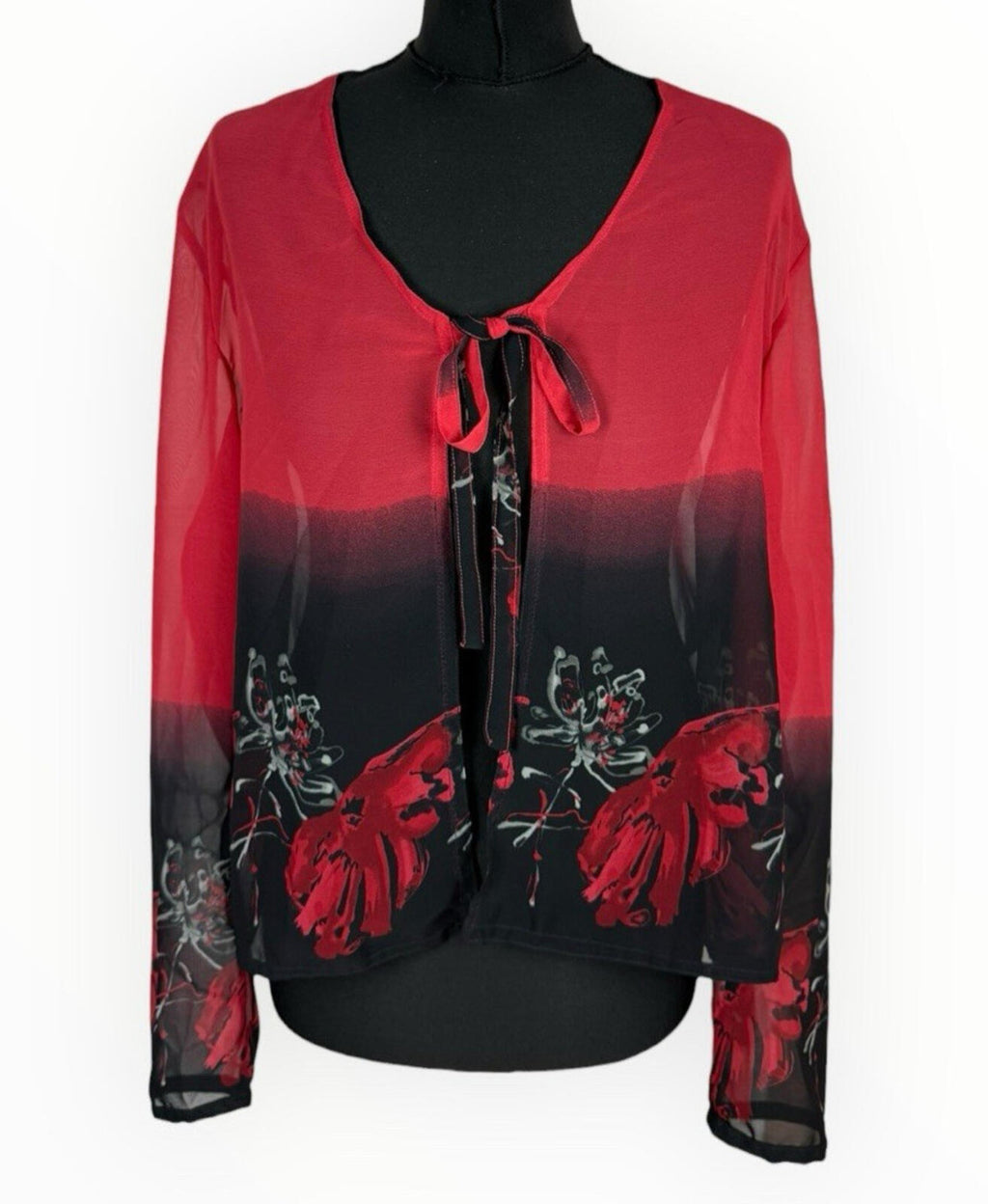 Floral Dress Set Women’s UK Size XL (16) Chiffon Midi Cardigan & Scarf Black Red