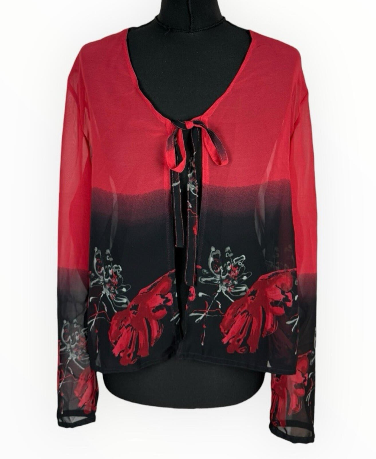 Floral Dress Set Women’s UK Size XL (16) Chiffon Midi Cardigan & Scarf Black Red