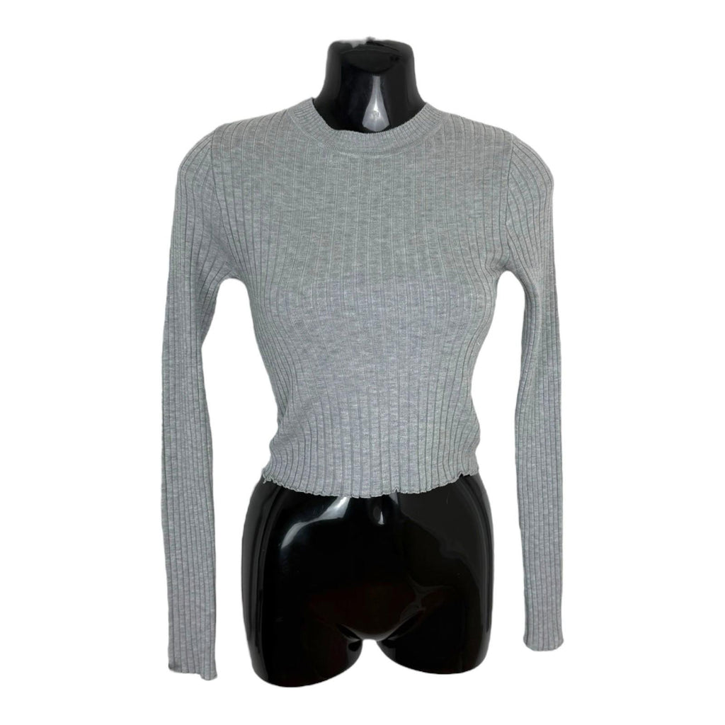 Divided Cropped Jumper Women's UK Size XS Grey Ribbed Long Sleeve Crew Neck Top