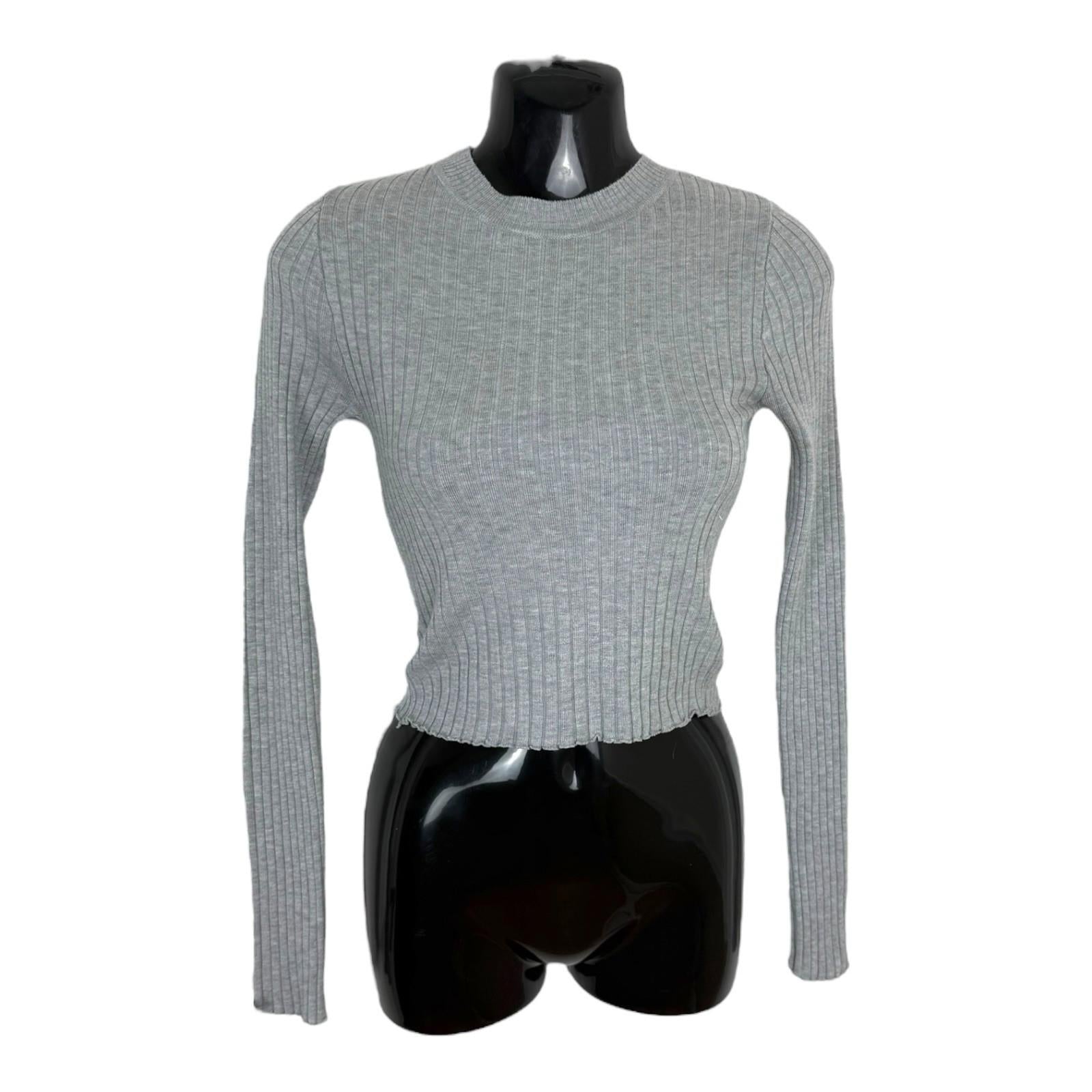 Divided Cropped Jumper Women's UK Size XS Grey Ribbed Long Sleeve Crew Neck Top