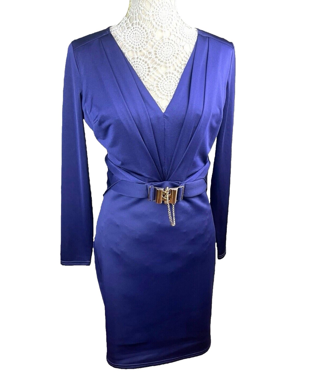 Lypsy Navy Blue Satin Midi Dress Belted Gold Buckle Women’s UK Size 12