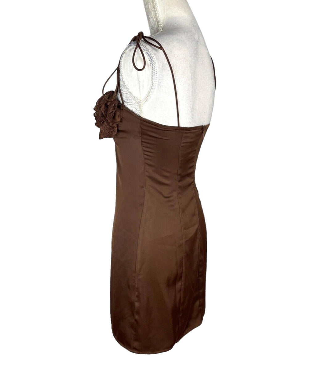 PLT Mini Dress Women's UK Size 8 Chocolate Satin Lace Cup Detail Tie Shoulder