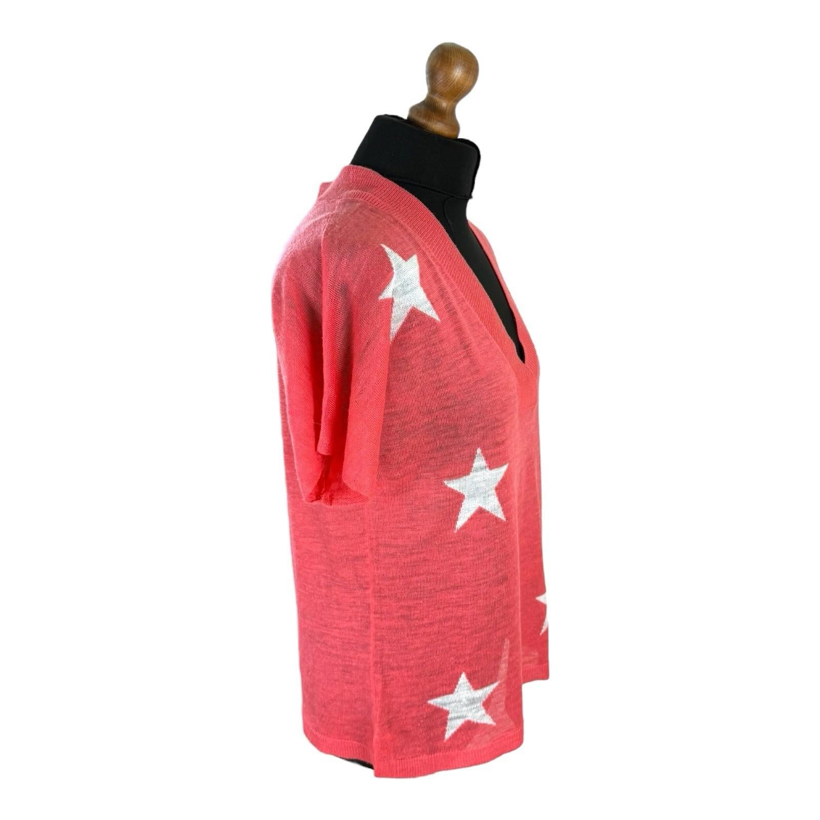 Next Coral Star Pink Knit T-Shirt Top Women’s UK Size S Lightweight V-Neck Linen