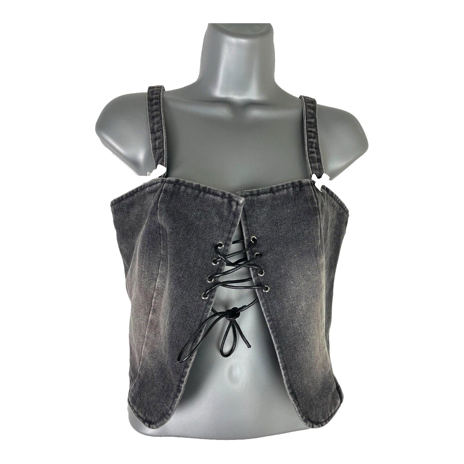 Dark Grey Denim Tank Top Lace Up Front Bow Detail Women’s UK Size S