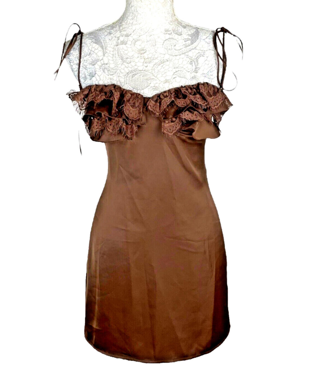 PLT Mini Dress Women's UK Size 8 Chocolate Satin Lace Cup Detail Tie Shoulder