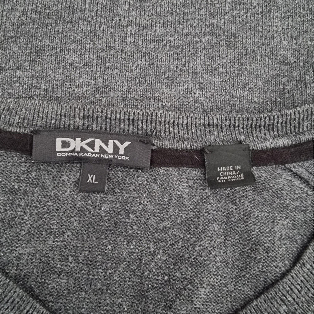 DKNY Knit Jumper Men's UK Size XL Grey Long Sleeve V-Neck Sweater Pullover