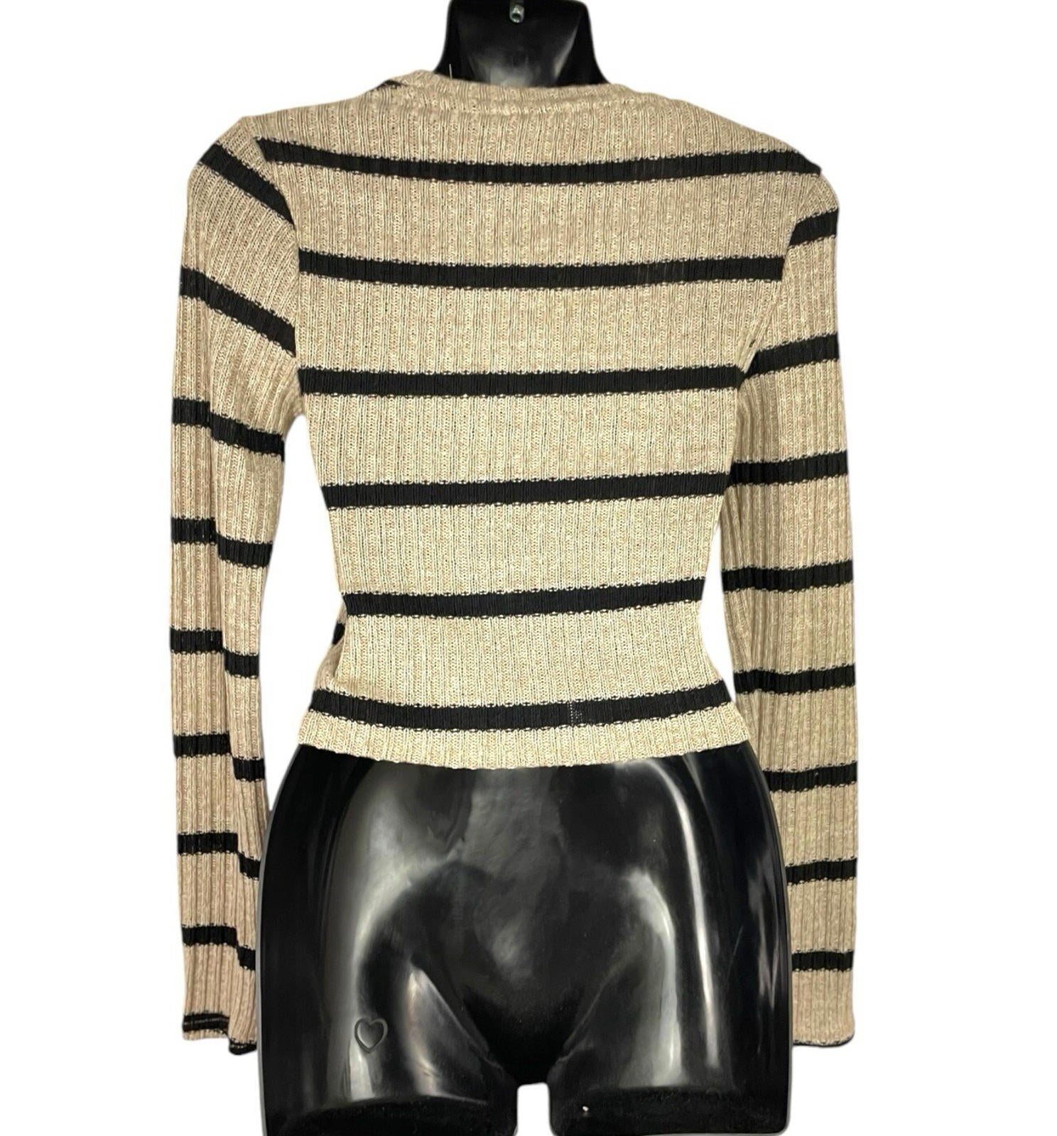 Stradivarius Jumper Black & Beige Striped Top Long Sleeve Women’s UK Size XS
