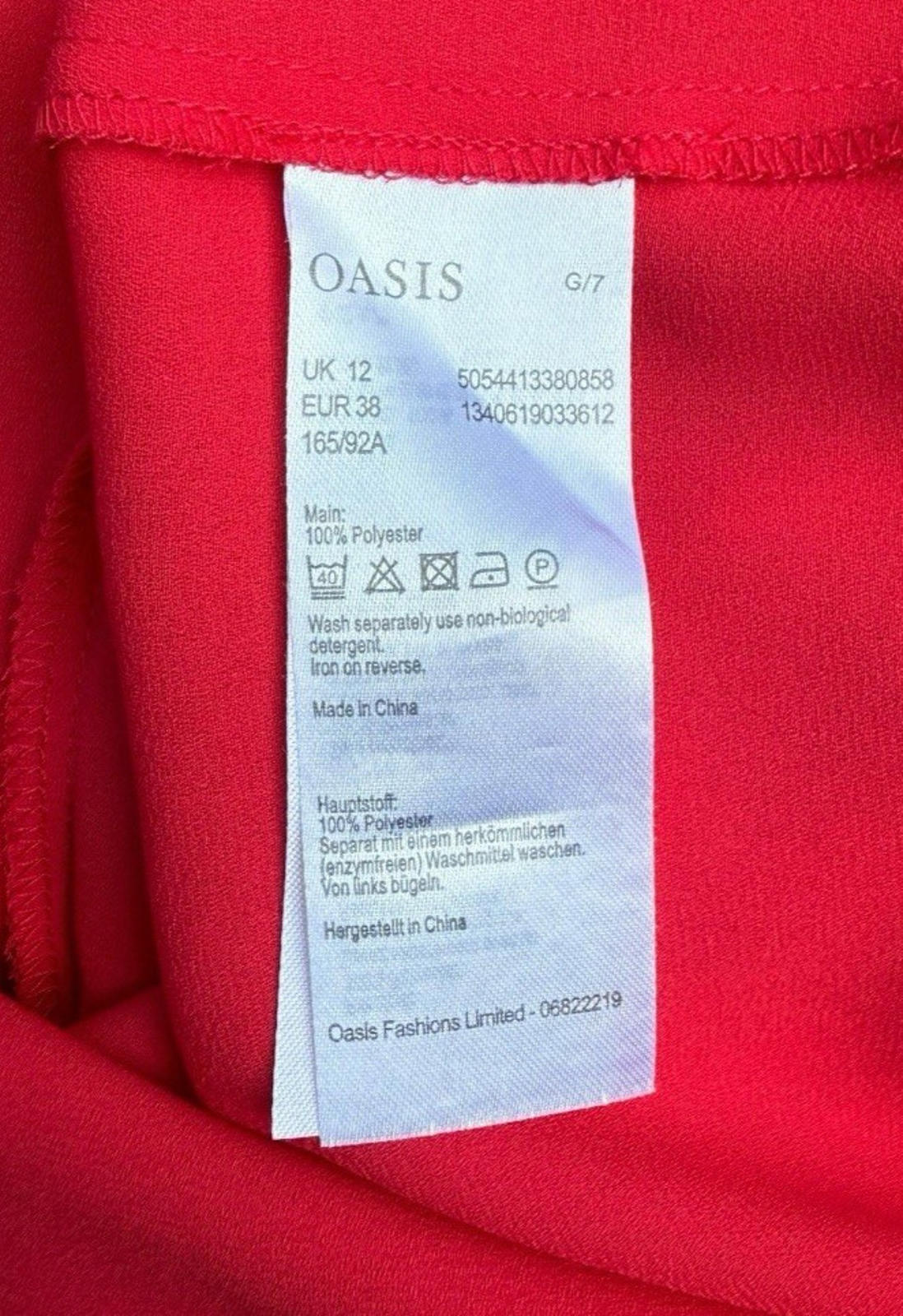 Oasis Bright Red Chiffon Top Short Frill Sleeve Round Neck Women’s UK Size 12