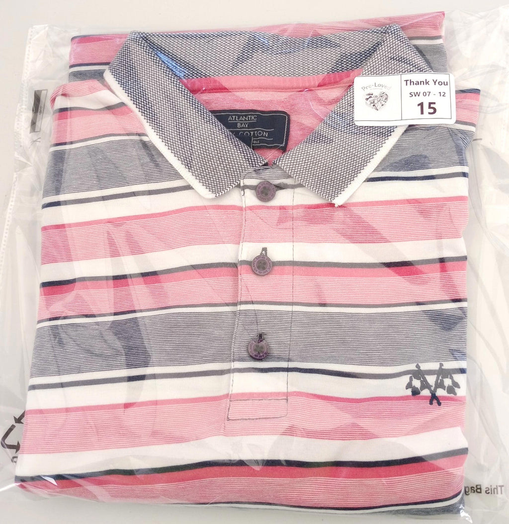 BHS Striped Polo Shirt Men's UK Size M Pink Grey 100% Cotton Embroidered Logo