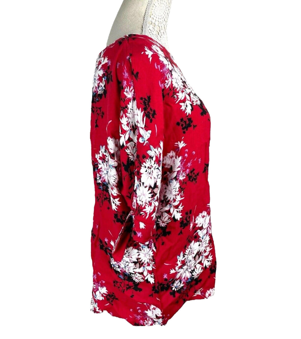 Bon Marche Blouse Women's UK Size 18 Red Floral 3/4 Sleeve Chiffon Summer Top