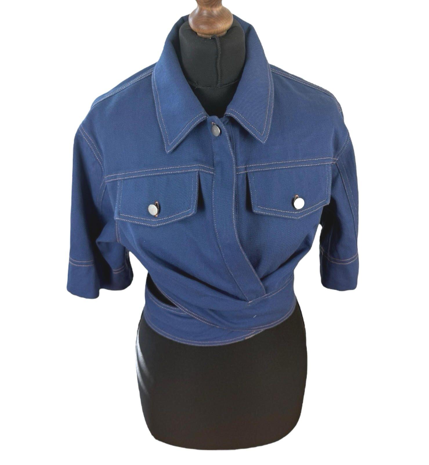 Cropped Denim Shirt Women’s UK Size 8 Blue Twist Cutout Detail 3/4 Sleeve Top