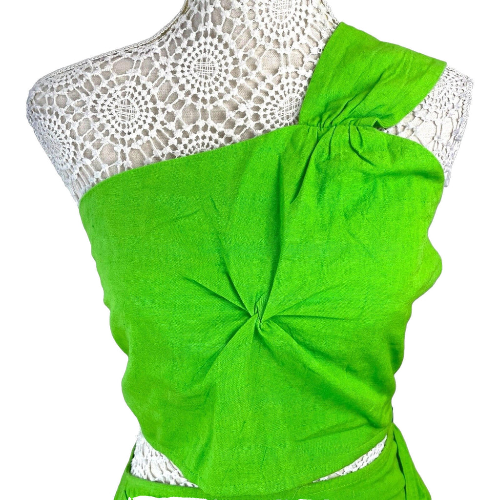 Ruched Skirt & Crop Top Set Women’s UK Size 8 Bright Green Sarong One Shoulder
