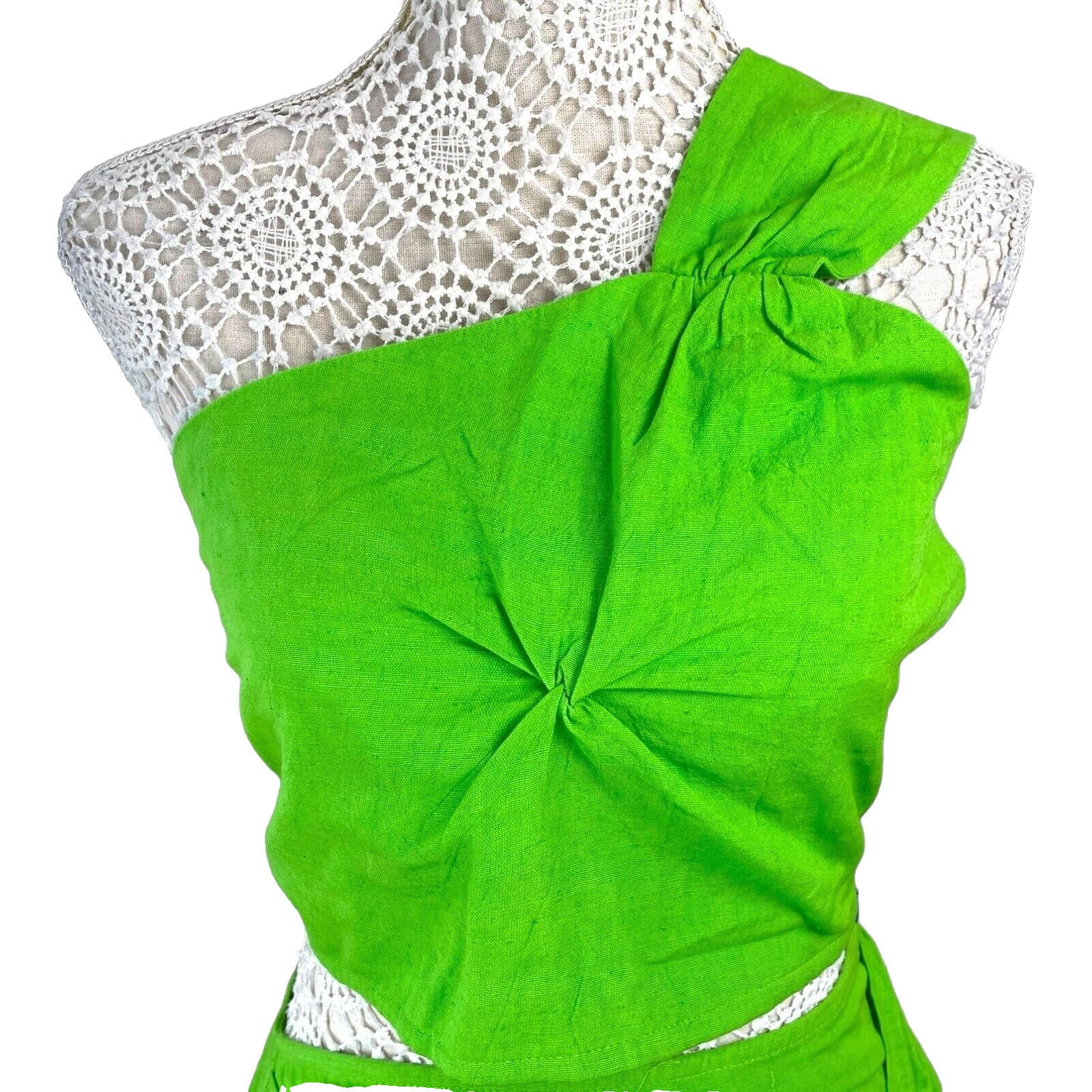 Ruched Skirt & Crop Top Set Women’s UK Size 8 Bright Green Sarong One Shoulder