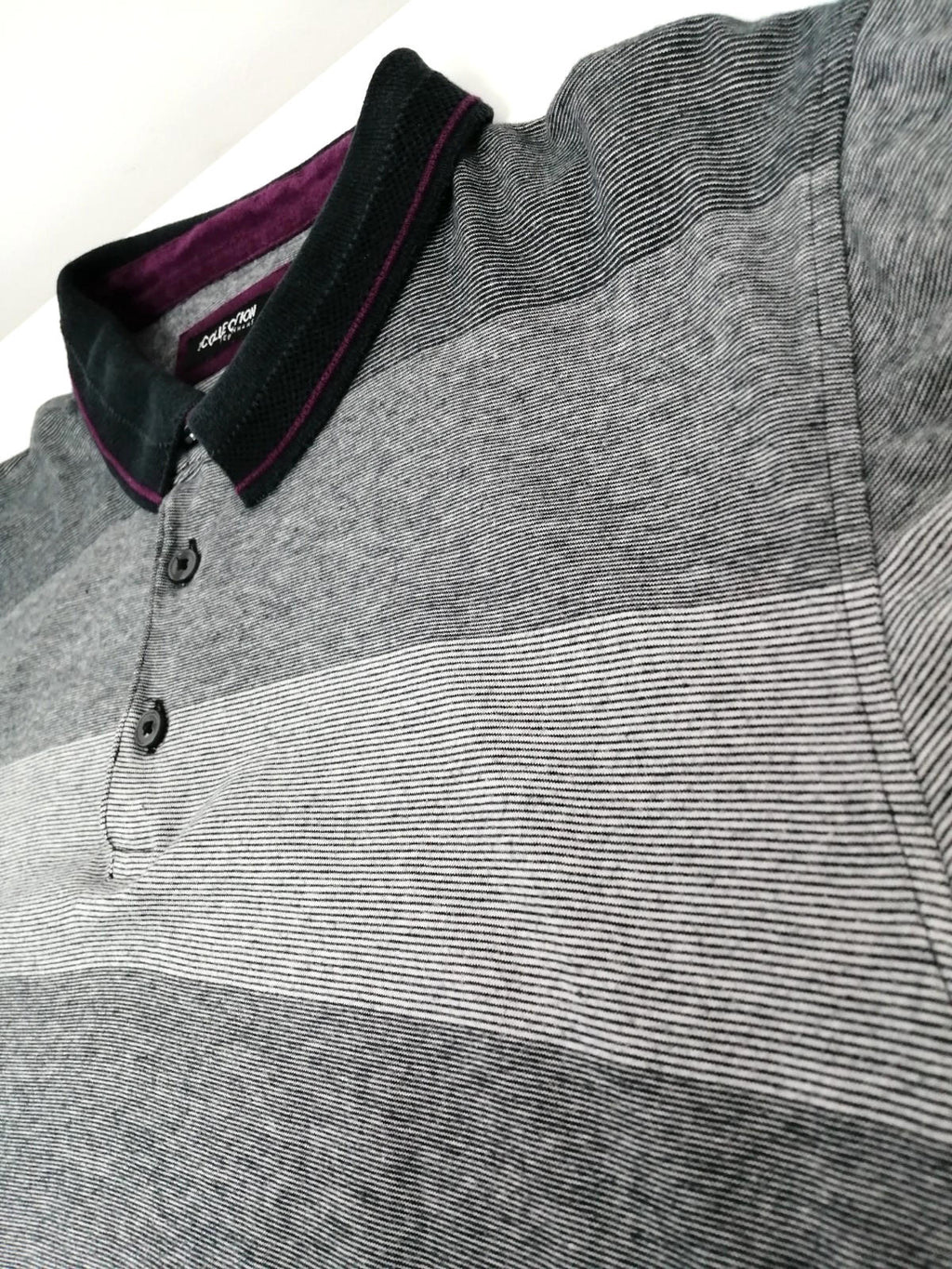 Debenhams Men's UK Size XL Grey Polo Shirt Striped Plum Black Collar Side Gusset