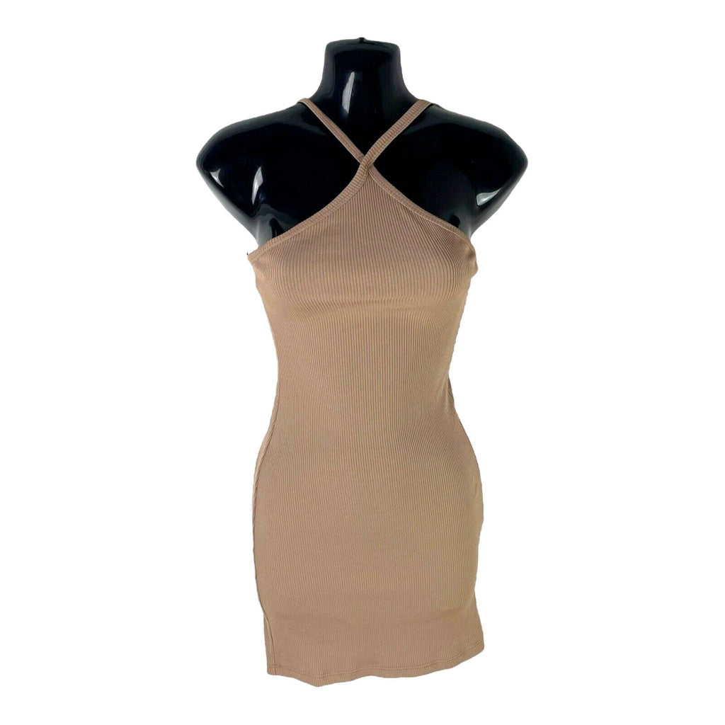 Pull&Bear Tan Ribbed Mini Dress Cross Neck Women’s UK Size XS