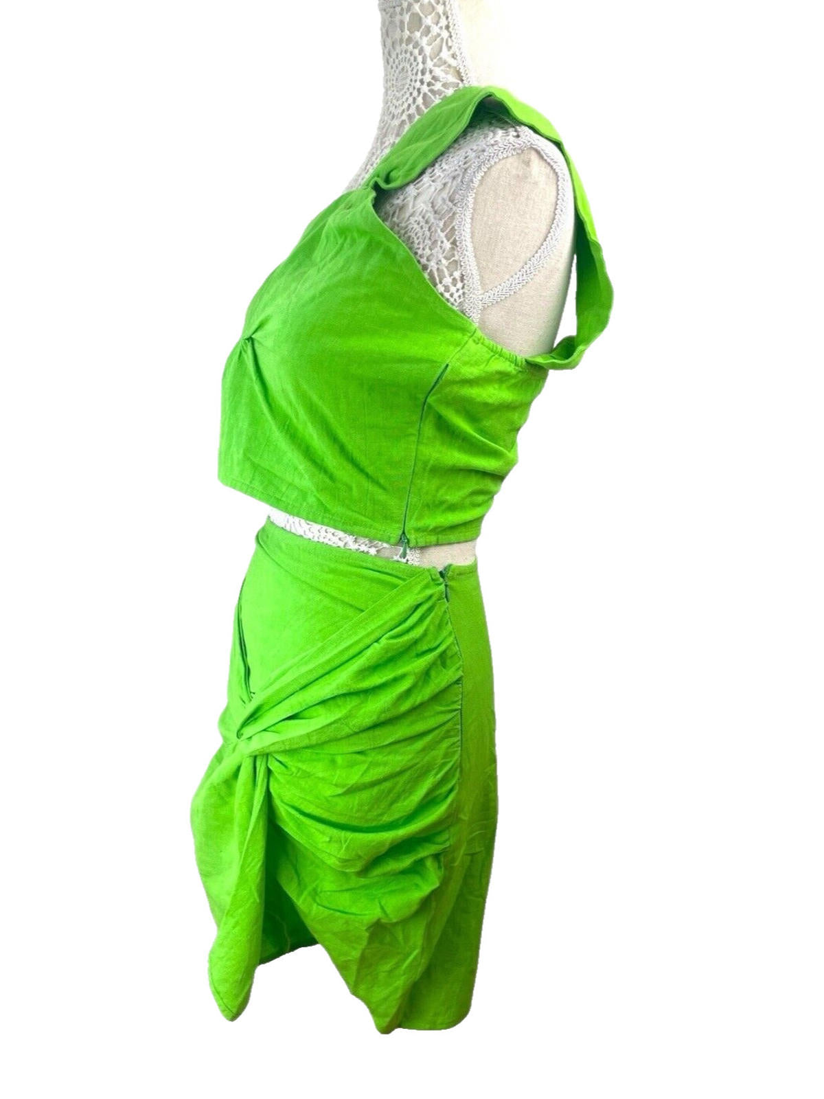 Ruched Skirt & Crop Top Set Women’s UK Size 8 Bright Green Sarong One Shoulder