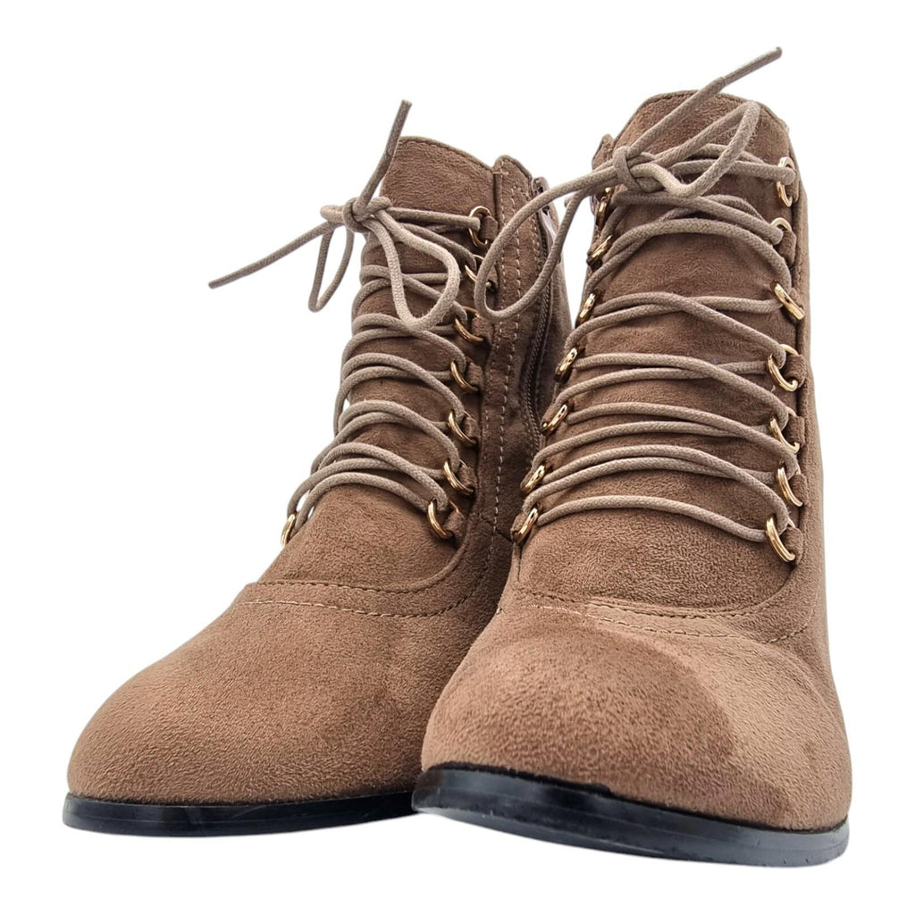 Laura Mode Beige Suede Lace Up Ankle Boots Women's UK Size 6.5 Block Heel Zip